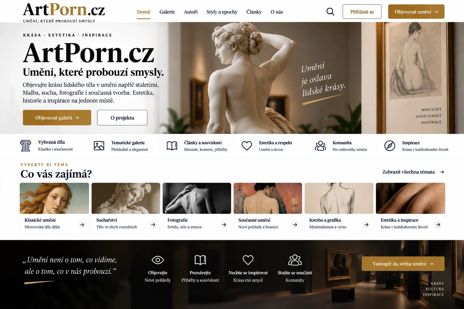 Ilustrační návrh uměleckého webu ArtPorn.cz v sépiové a zlaté